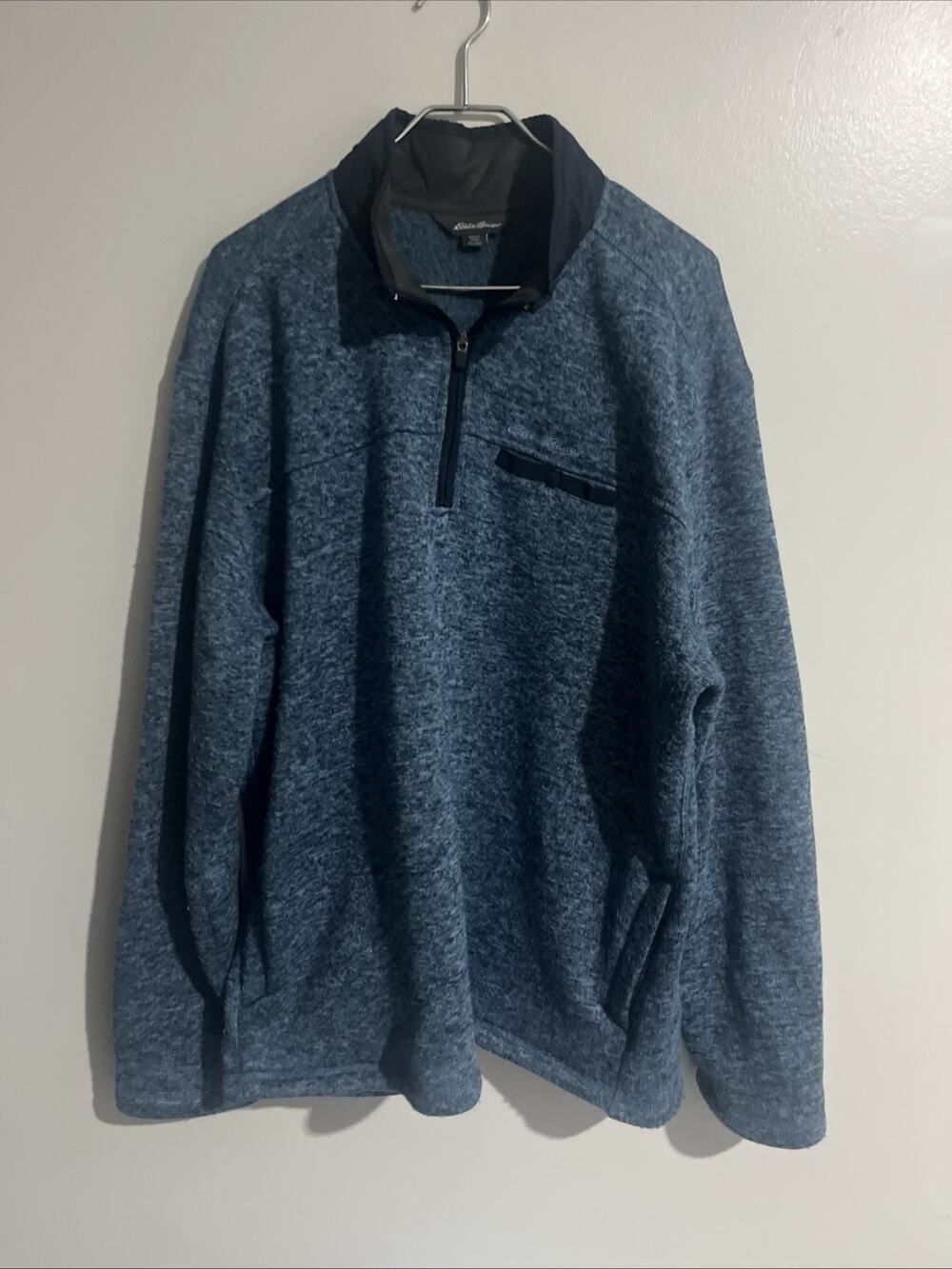 Eddie Bauer 1/4 Zip Pullover Mens XXL Large Heather Blue Mock Neck Snap Pocket
